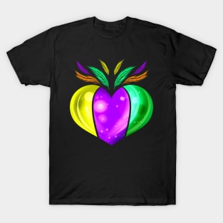 Yellow Golden, Purple And Green Heart For Mardi Gras T-Shirt